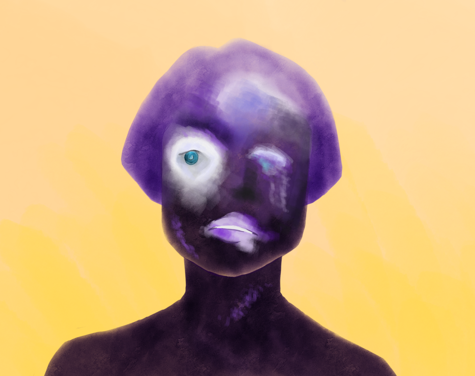 Impressionistic painting of a purple woman with one eye